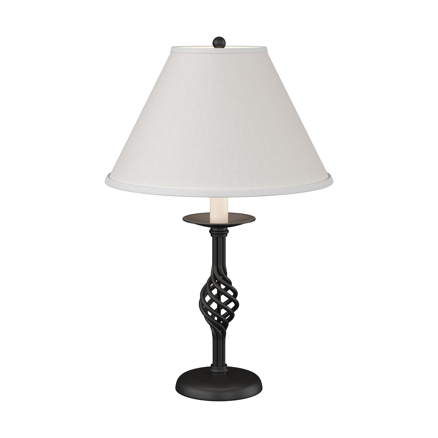 Twist Basket Table Lamp by Hubbardton Forge with a white shade and distinctive black metal lattice base, showcasing artisanal craftsmanship.