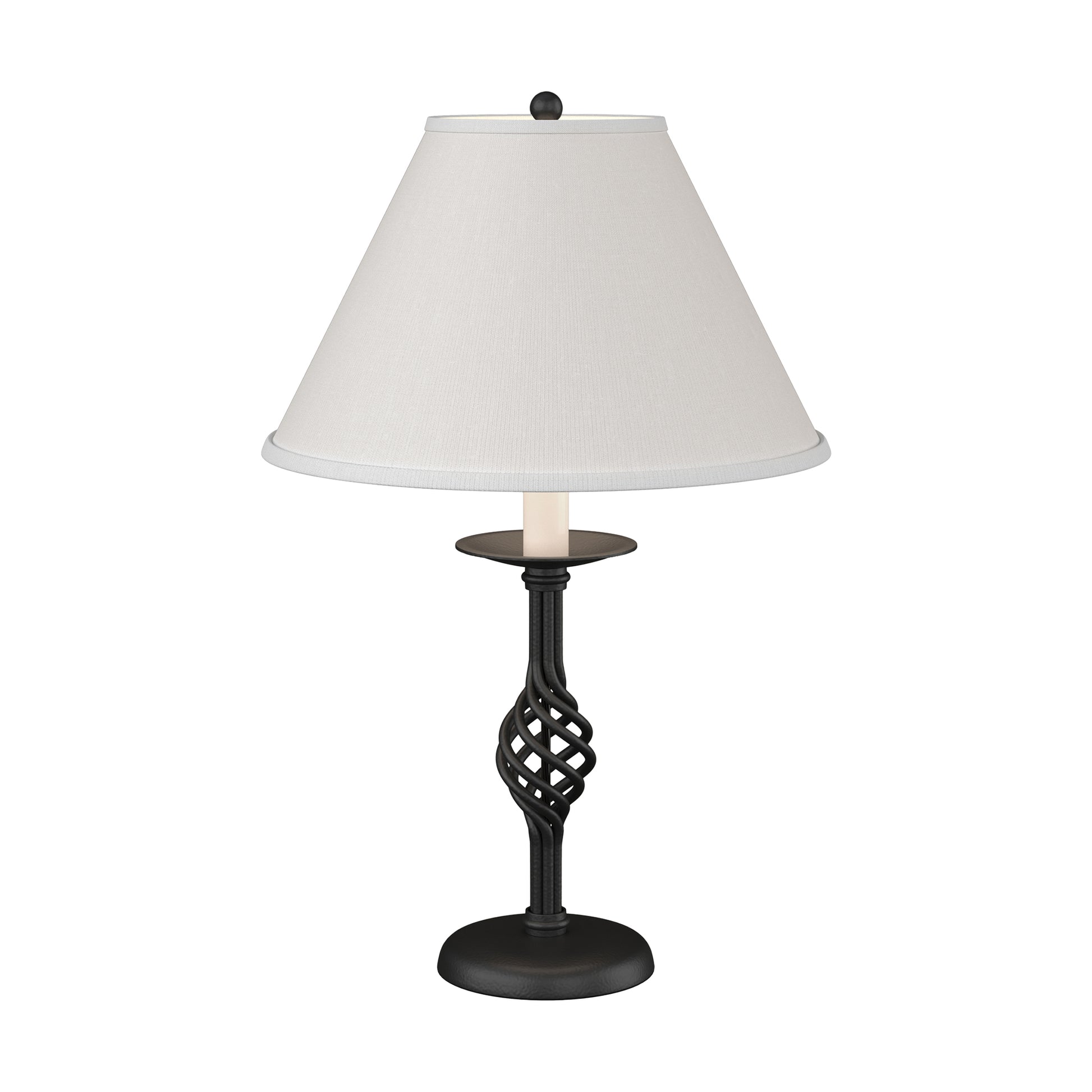 Twist Basket Table Lamp by Hubbardton Forge with a white shade and distinctive black metal lattice base, showcasing artisanal craftsmanship.