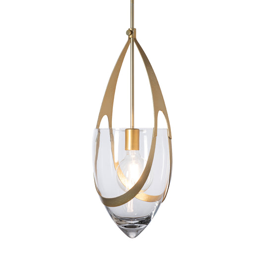 Hubbardton Forge Vaso Pendant features a clear glass shade and gold accents for a modern look, highlighting quality American craftsmanship.