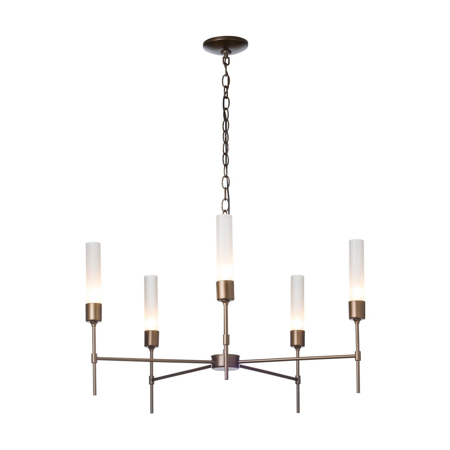 Vela 5-Arm Chandelier by Hubbardton Forge with hand-forged steel frame and five frosted glass shades, showcasing modern craftsmanship.