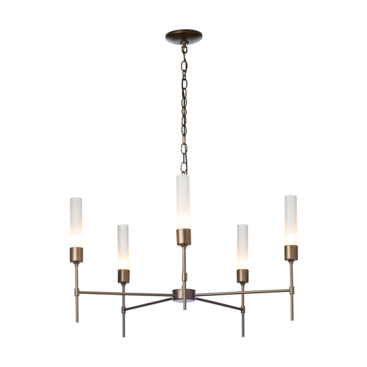 Vela 5-Arm Chandelier by Hubbardton Forge with hand-forged steel frame and five frosted glass shades, showcasing modern craftsmanship.