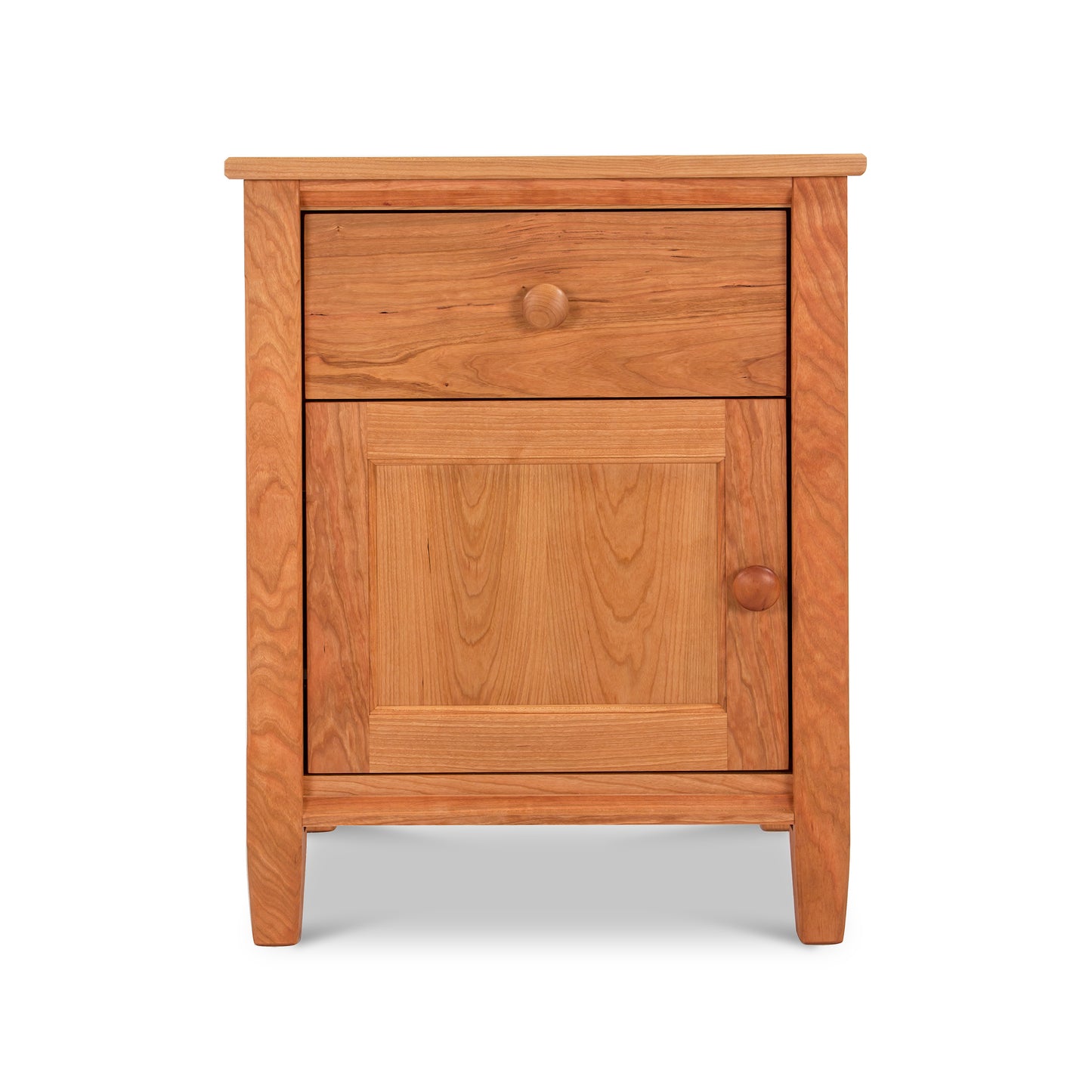Vermont Shaker 1-Drawer Nightstand with Door by Maple Corner Woodworks, emphasizing eco-friendly hardwood construction with a single drawer and cabinet door featuring charming round knobs.