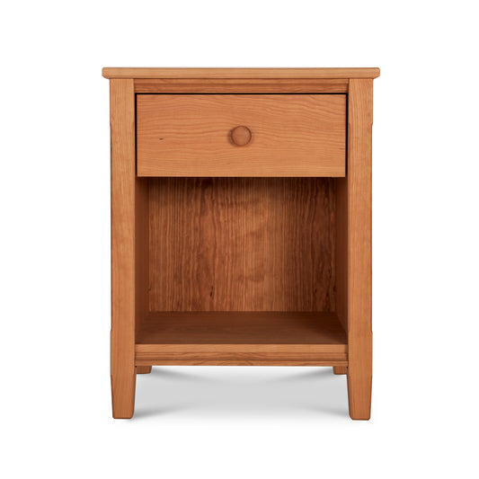 Vermont Shaker 1-Drawer Enclosed Shelf Nightstand by Maple Corner Woodworks, featuring fine hardwood craftsmanship, a single drawer, and enclosed shelf.