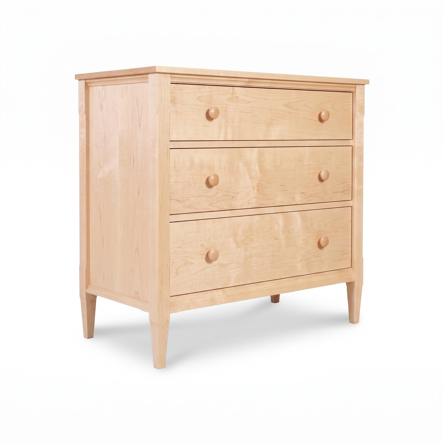 Vermont Shaker 3-Drawer Chest by Maple Corner Woodworks in light toned maple wood with round knobs and tapered legs, expertly crafted for timeless storage.