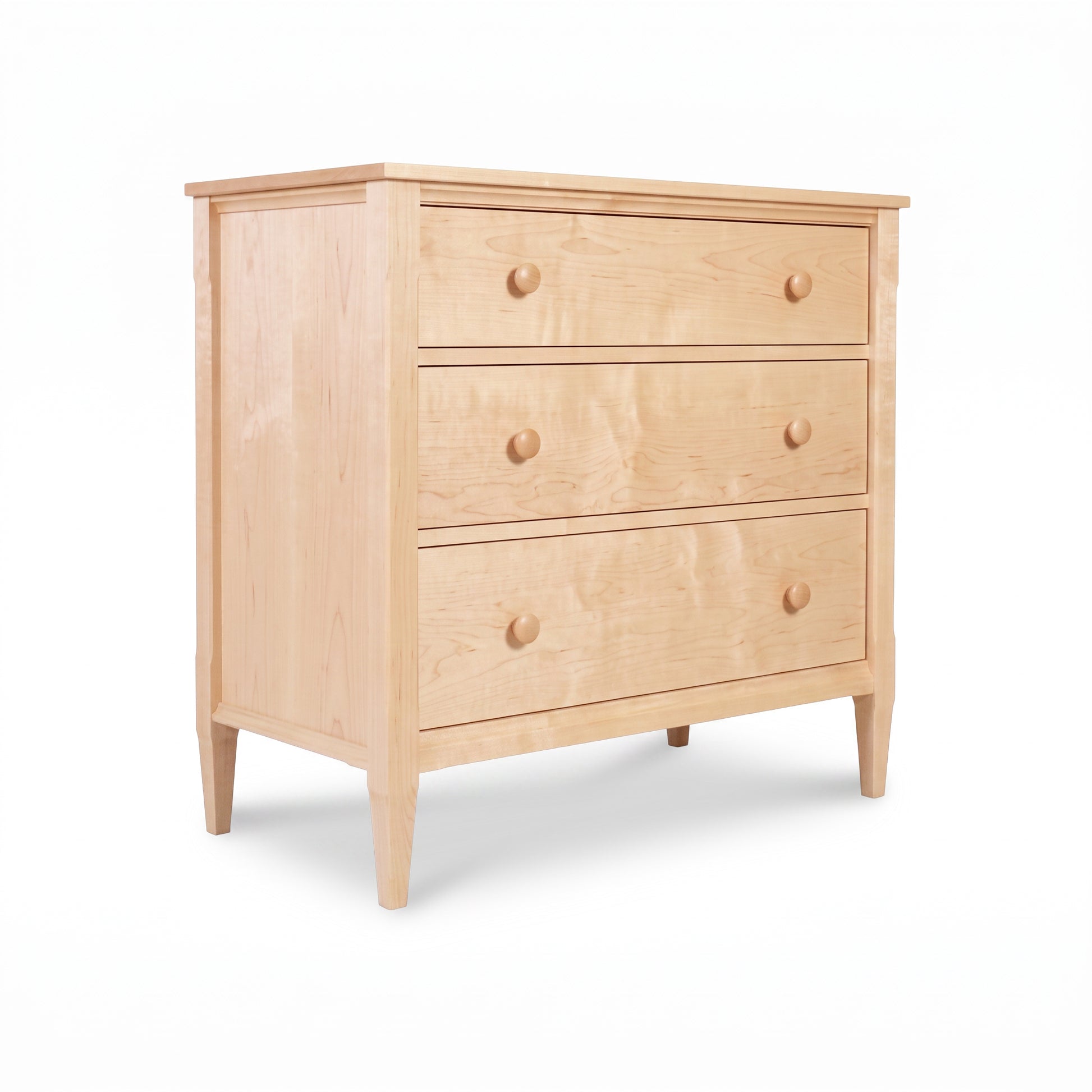 Vermont Shaker 3-Drawer Chest by Maple Corner Woodworks in light toned maple wood with round knobs and tapered legs, expertly crafted for timeless storage.