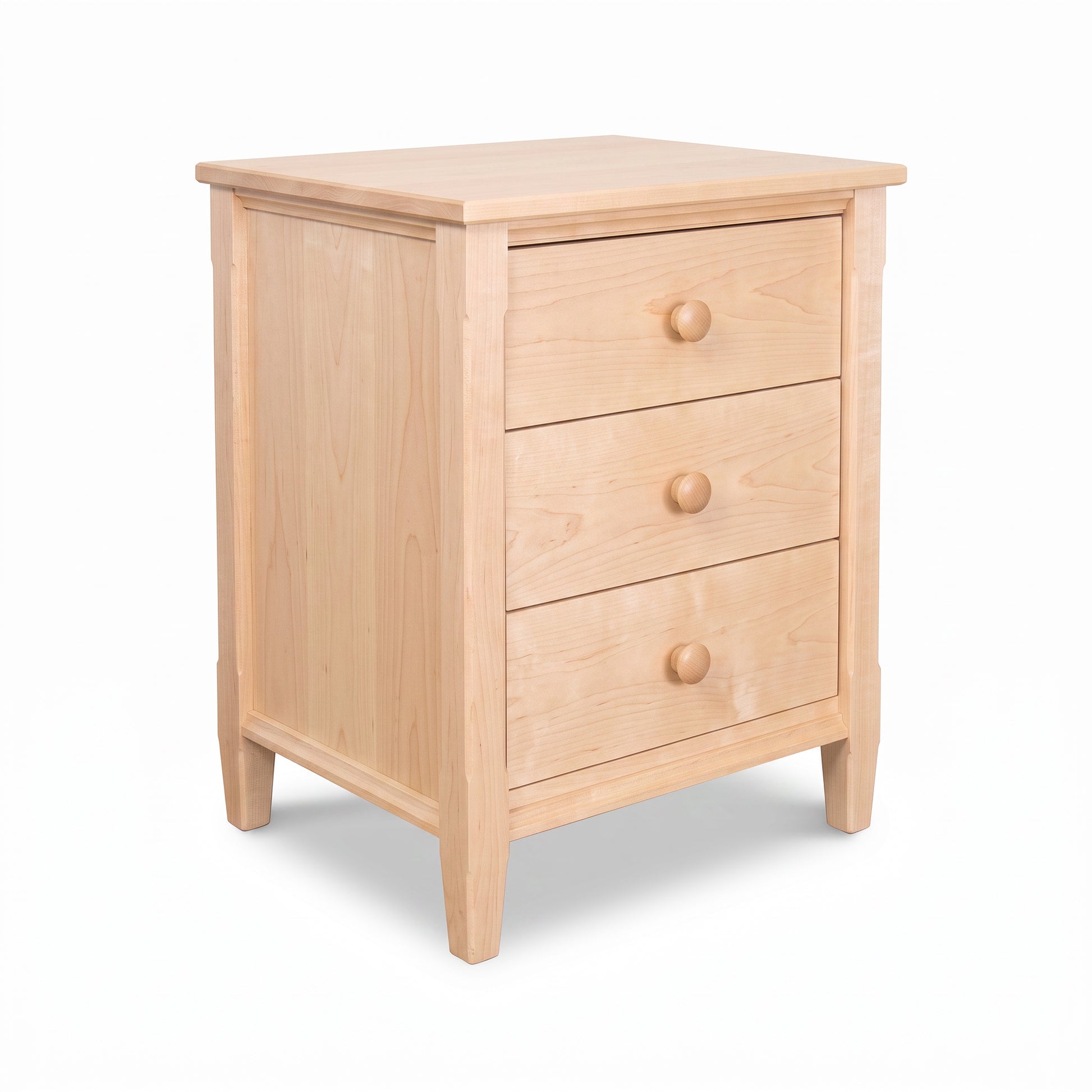 Vermont Shaker 3-Drawer Nightstand in natural maple hardwood by Maple Corner Woodworks, featuring round knobs and fine American craftsmanship.