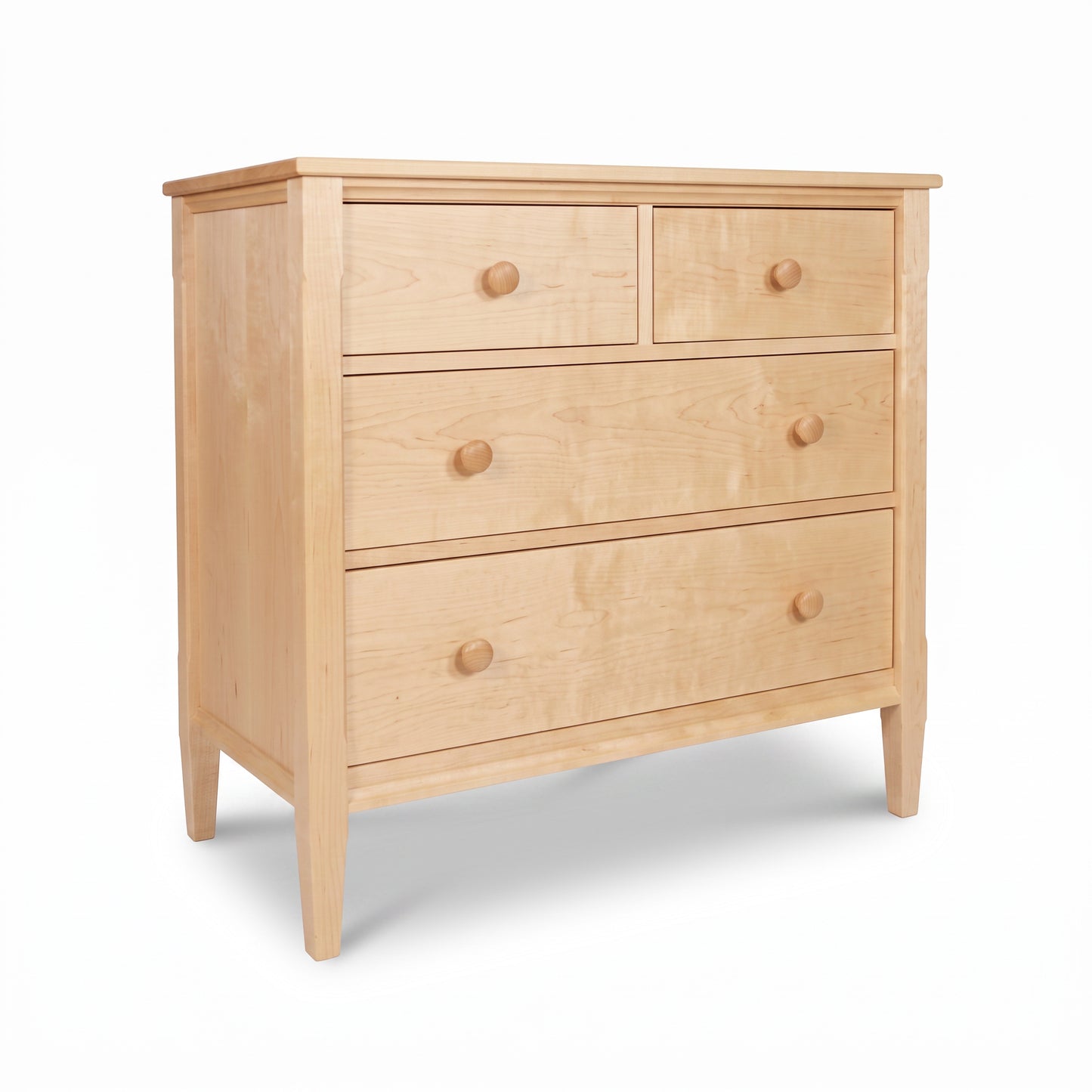 Vermont Shaker 4-Drawer Chest by Maple Corner Woodworks crafted in maple, showcasing fine American craftsmanship and clean Shaker lines.