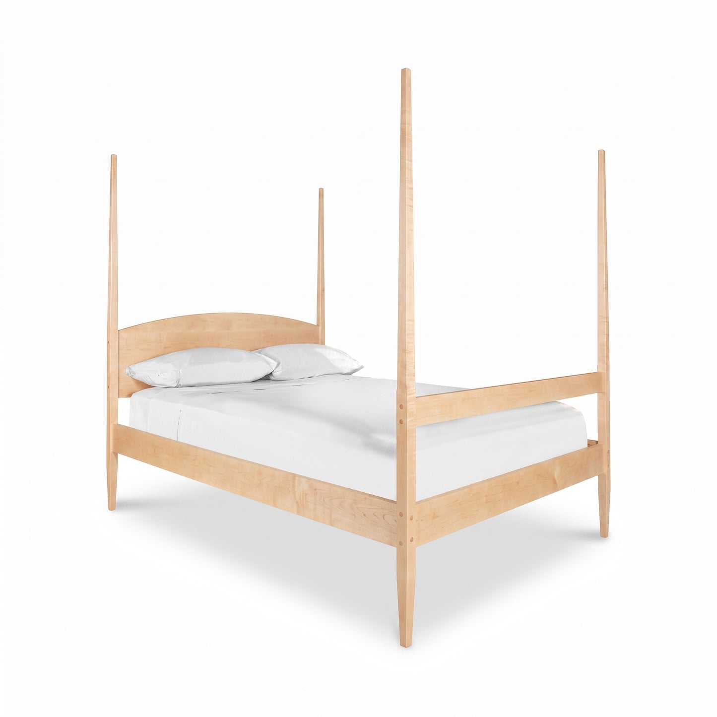 Vermont Shaker Four Poster Bed by Maple Corner Woodworks, handcrafted in light toned maple wood with white pillows and bedding, American made quality furniture.
