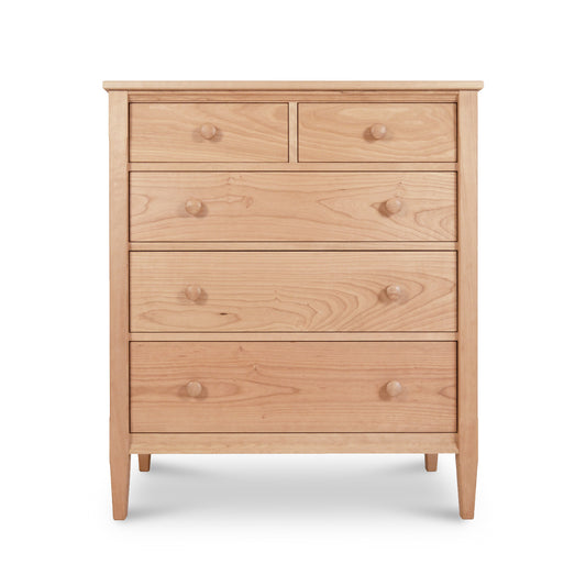 Handcrafted Vermont Shaker 5-Drawer Chest by Maple Corner Woodworks, showcasing solid wood construction with two small top drawers and three spacious lower ones.