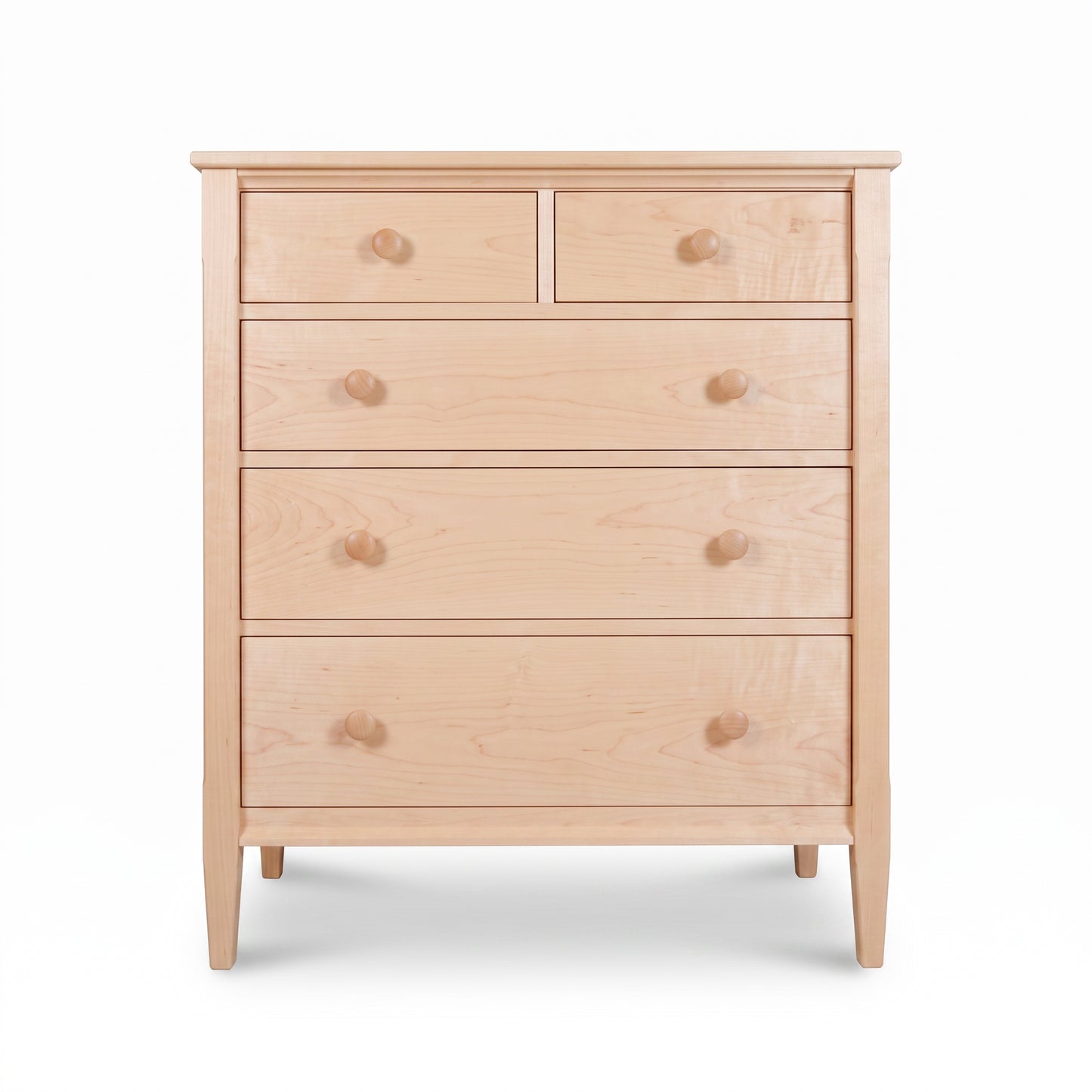 Vermont Shaker 5-Drawer Chest by Maple Corner Woodworks in light wood, with two small top drawers and three larger drawers, all with round knobs.