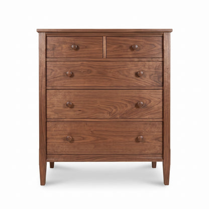Vermont Shaker 5-Drawer Chest by Maple Corner Woodworks with two small and three large drawers, round knobs, solid wood construction.