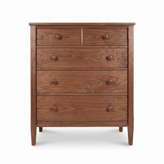 Vermont Shaker 5-Drawer Chest by Maple Corner Woodworks with two small and three large drawers, round knobs, solid wood construction.