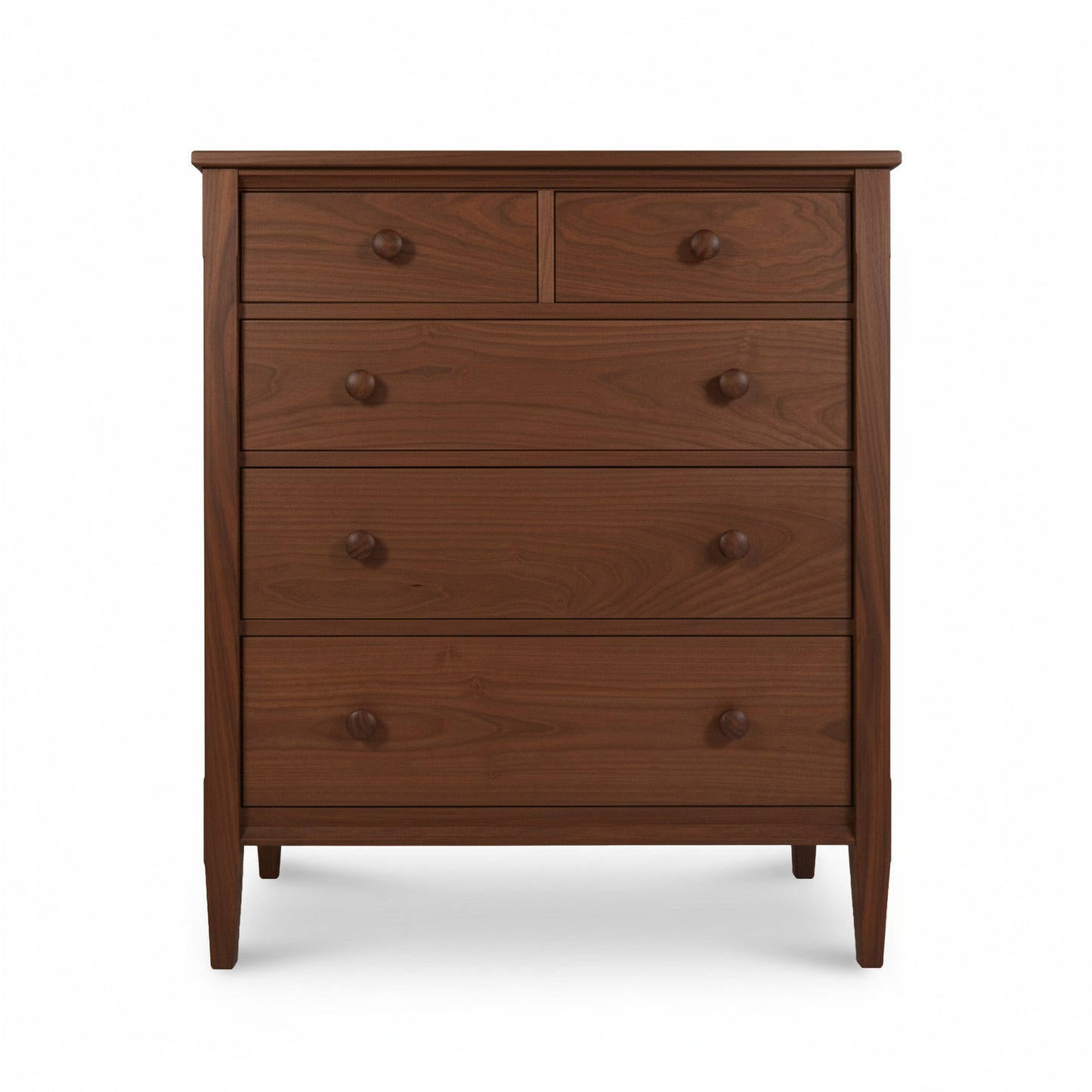 Vermont Shaker 5-Drawer Chest by Maple Corner Woodworks in solid wood with round knobs, highlighting American craftsmanship and classic design.