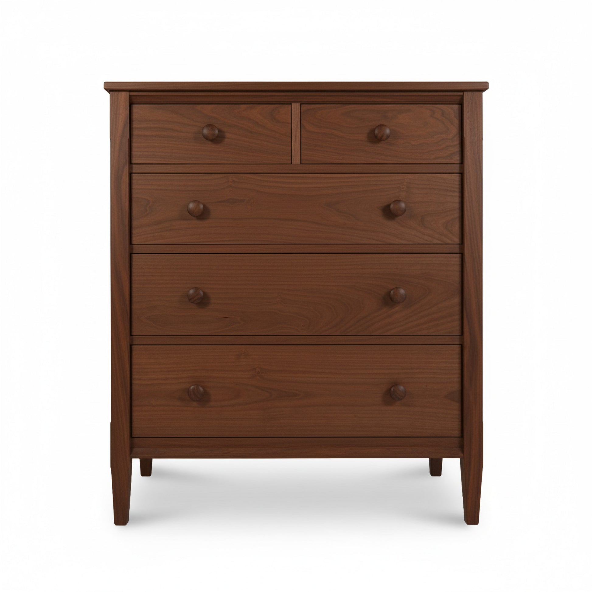 Vermont Shaker 5-Drawer Chest by Maple Corner Woodworks in solid wood with round knobs, highlighting American craftsmanship and classic design.