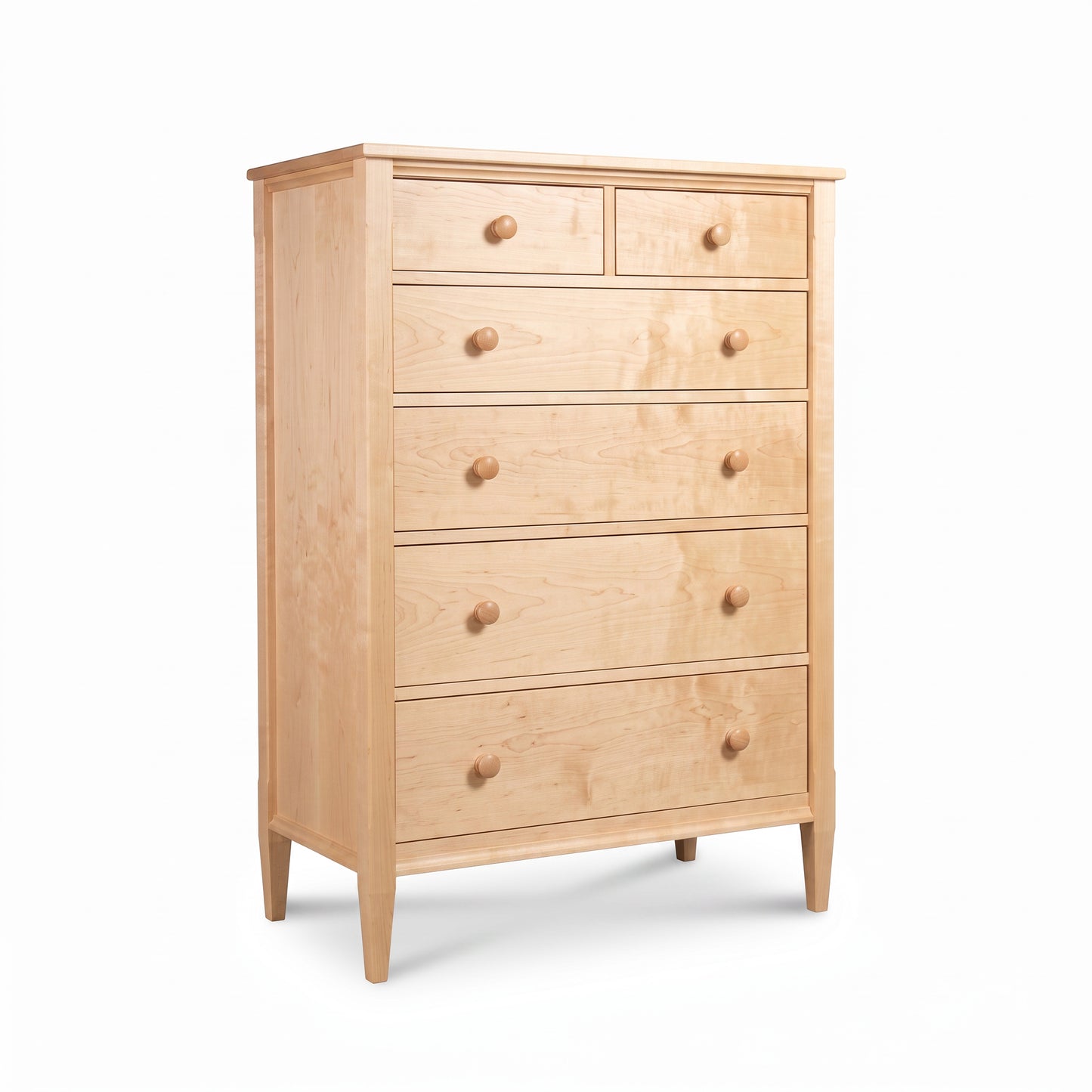 Vermont Shaker 6-Drawer Chest by Maple Corner Woodworks features solid wood, round knobs, and tapered legs in a classic handcrafted design.