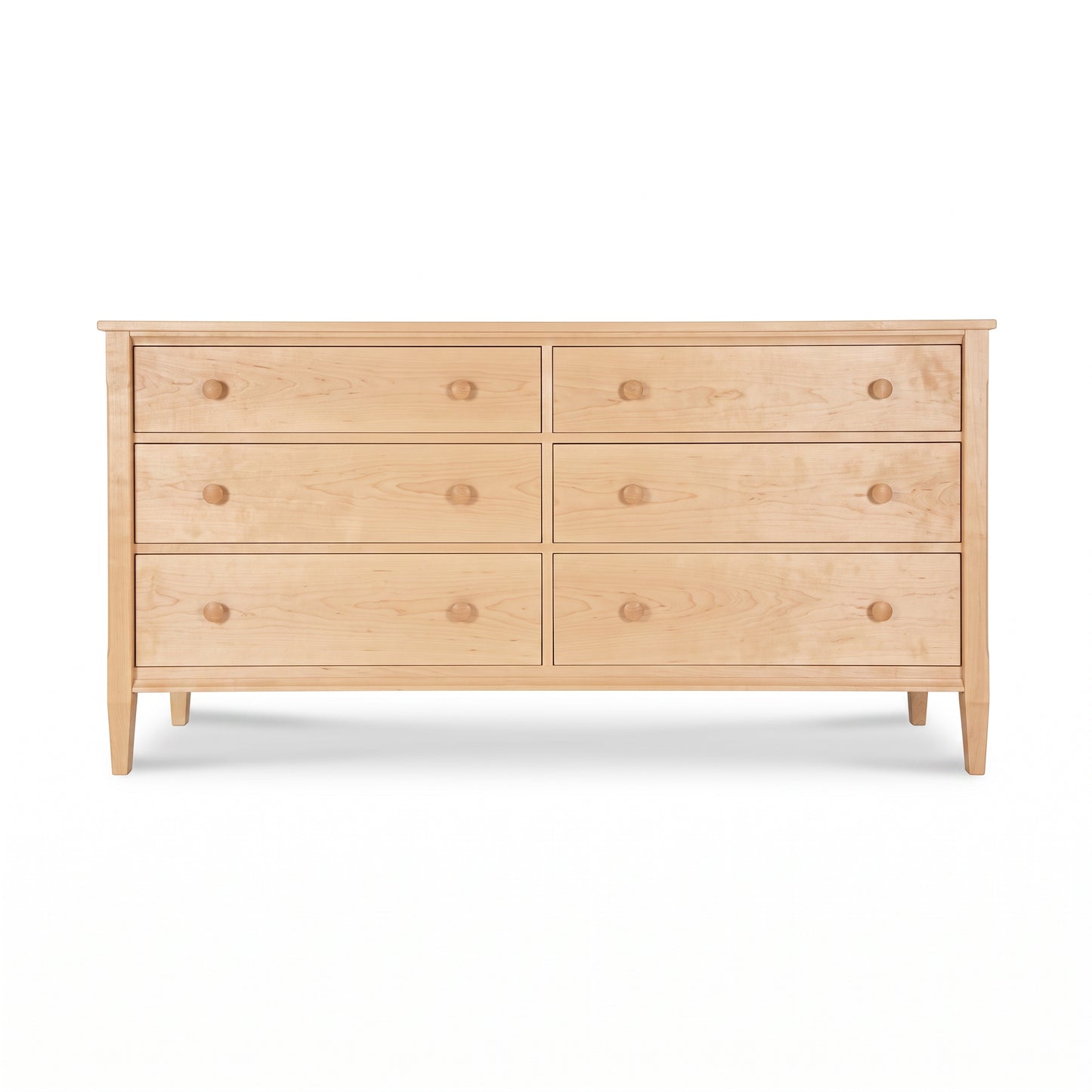 Vermont Shaker 6-Drawer Dresser by Maple Corner Woodworks in light maple wood with round knobs and tapered legs, American made bedroom furniture.