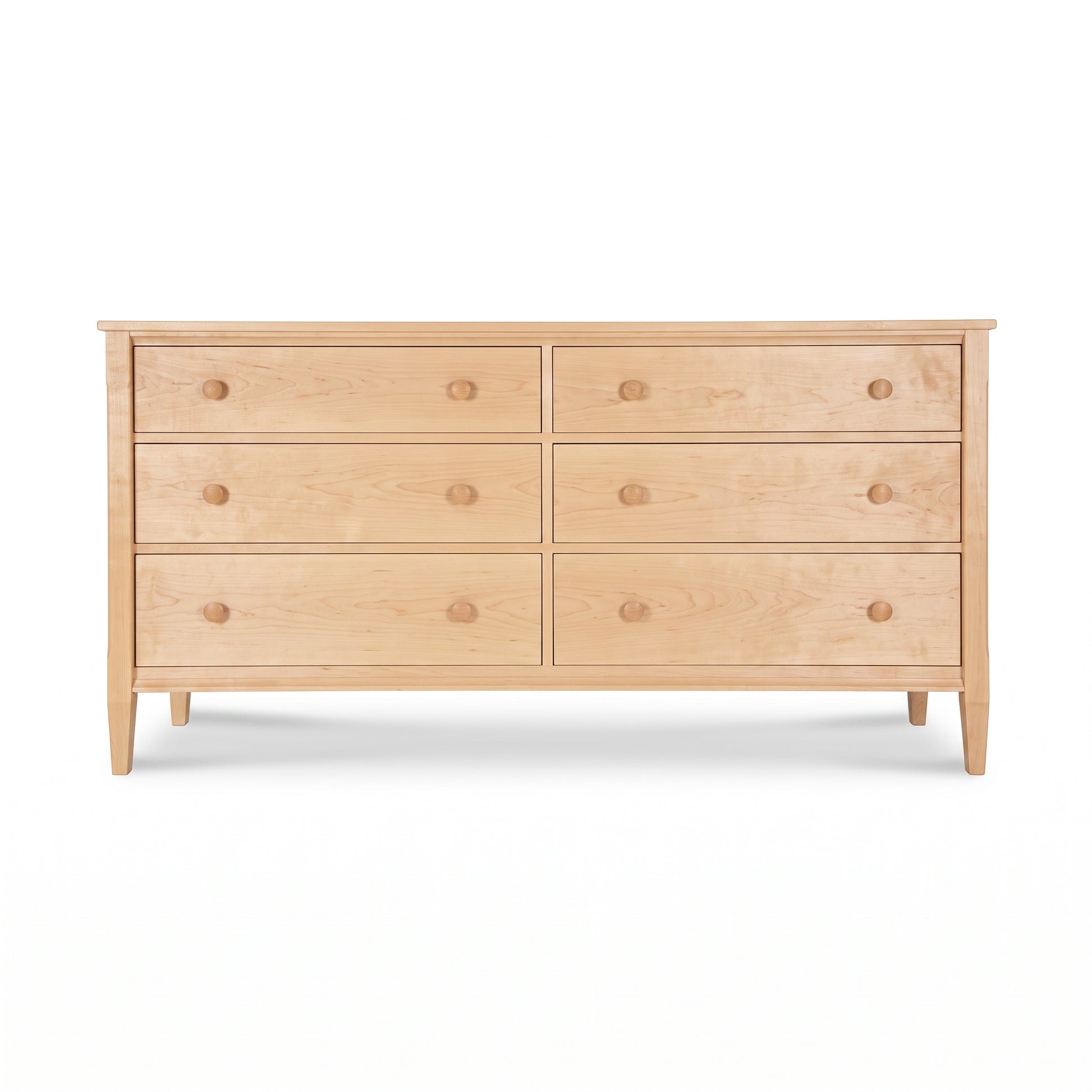 Vermont Shaker 6-Drawer Dresser by Maple Corner Woodworks in light maple wood with round knobs and tapered legs, American made bedroom furniture.
