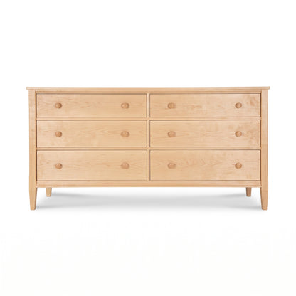 Vermont Shaker 6-Drawer Dresser by Maple Corner Woodworks in light maple wood with round knobs and tapered legs, American made bedroom furniture.