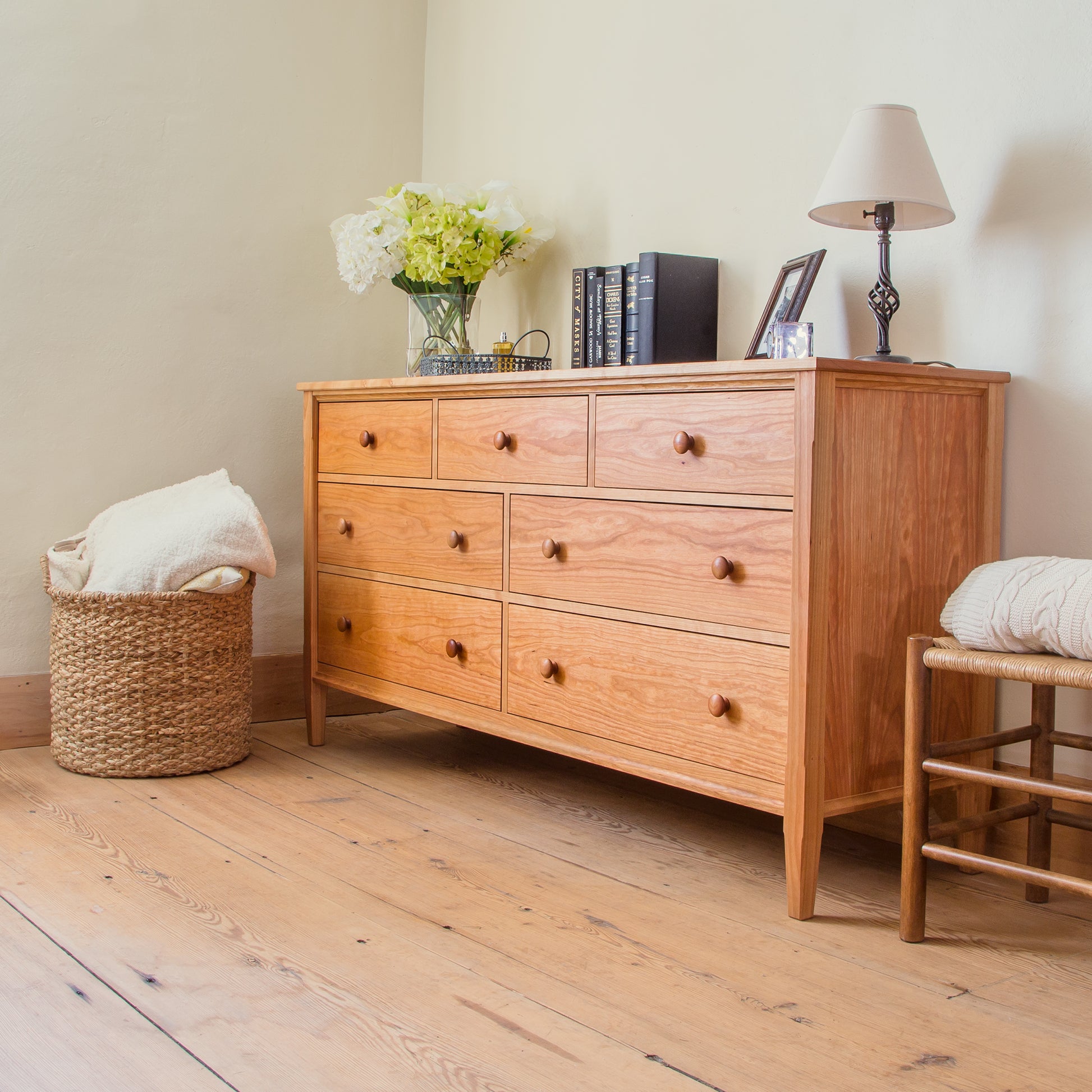 Vermont Shaker 7-Drawer Dresser by Maple Corner Woodworks, crafted in solid wood, shown with minimal decor displayed on its surface.