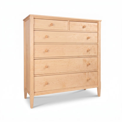 Vermont Shaker Extra Wide Chest by Maple Corner Woodworks, showcasing six spacious drawers and classic short legs, crafted in solid wood.