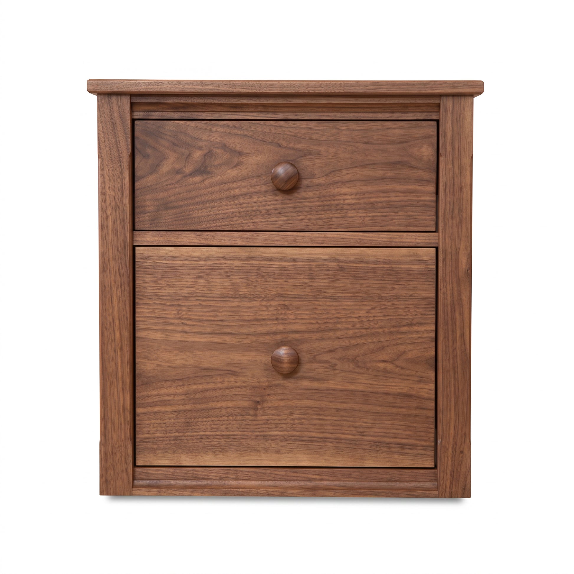 Maple Corner Woodworks Vermont Shaker File Cabinet with small upper drawer, spacious lower section, and round wood knobs, crafted in solid wood.