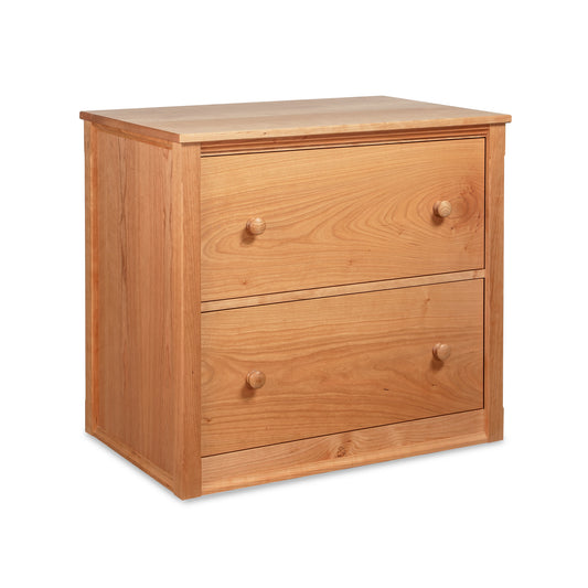 Maple Corner Woodworks Vermont Shaker file cabinet featuring two drawers with round knobs, crafted in solid wood and expert American craftsmanship.