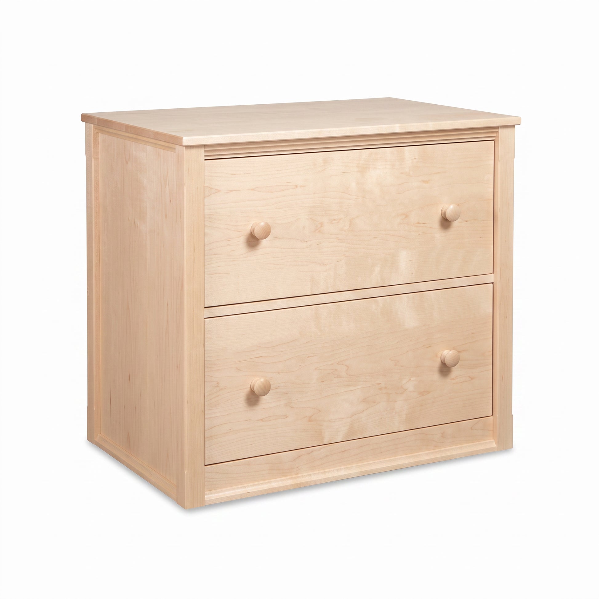Vermont Shaker file cabinet by Maple Corner Woodworks, crafted in light colored maple wood with two drawers and round knobs, American made quality furniture.