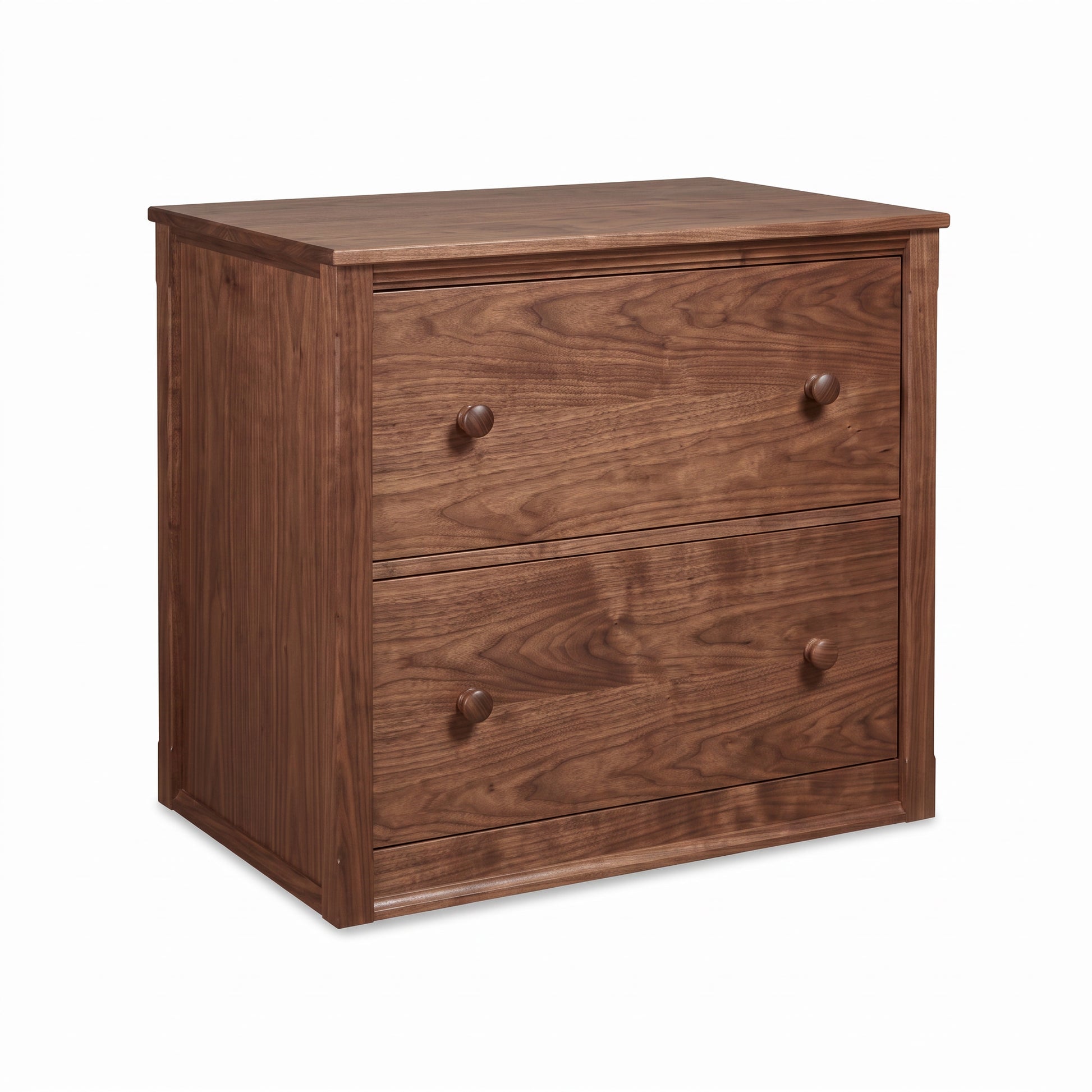 Vermont Shaker File Cabinet by Maple Corner Woodworks with two wooden drawers and round handles, highlighting elegant craftsmanship.