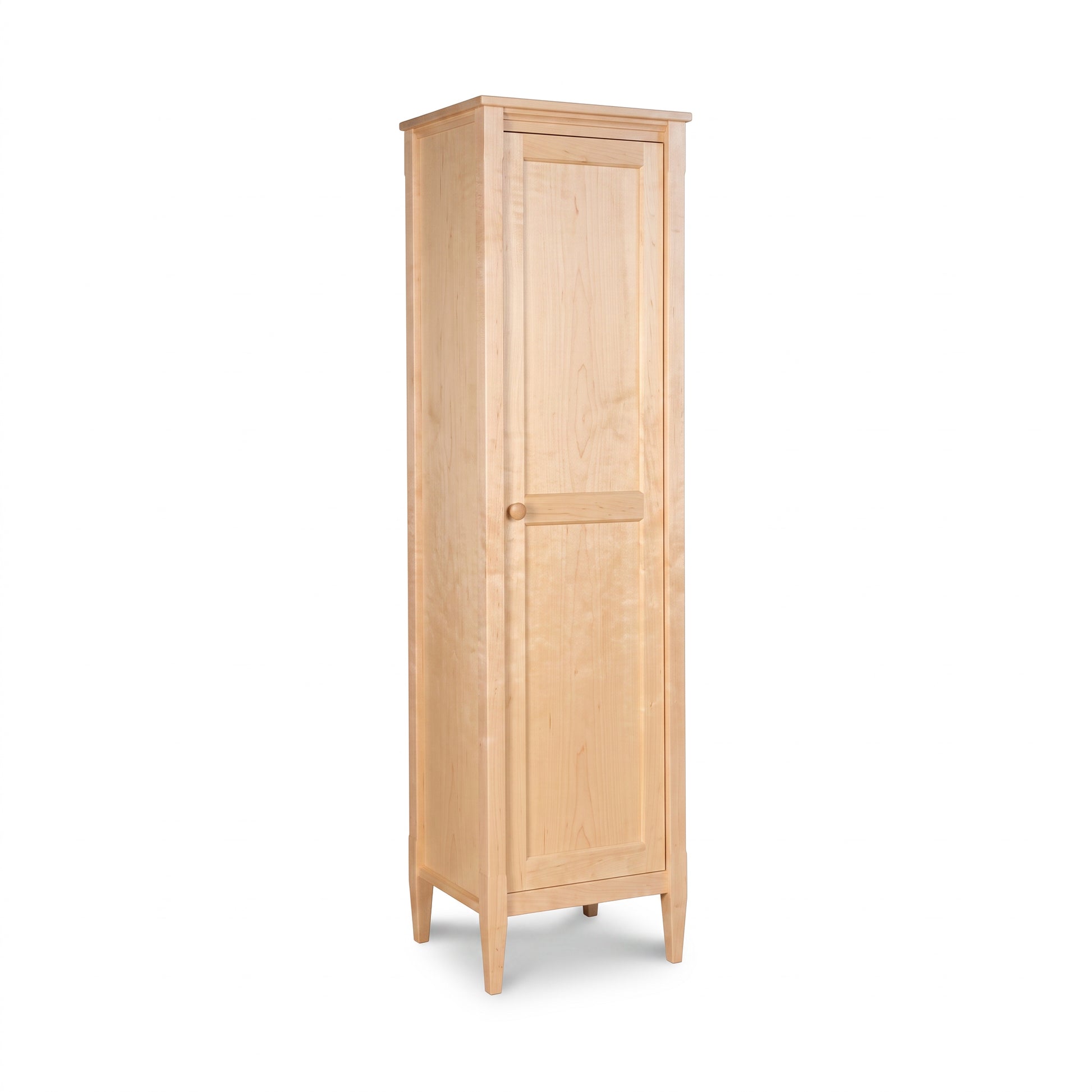 Vermont Shaker Narrow Bookcase by Maple Corner Woodworks with mirror, single door, classic knob handle, and natural maple hardwood.