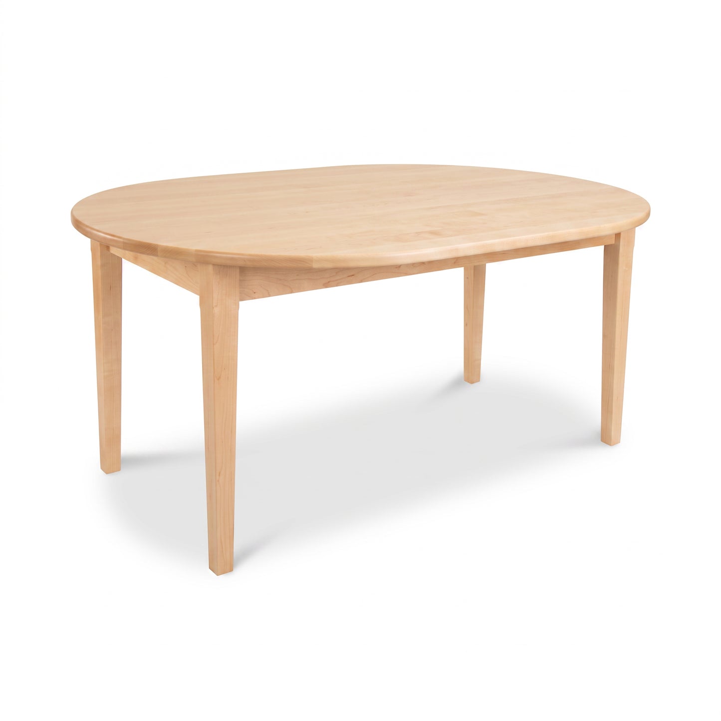 Handcrafted Vermont Shaker oval dining table in light wood by Maple Corner Woodworks, featuring a solid top and four legs. American made quality.