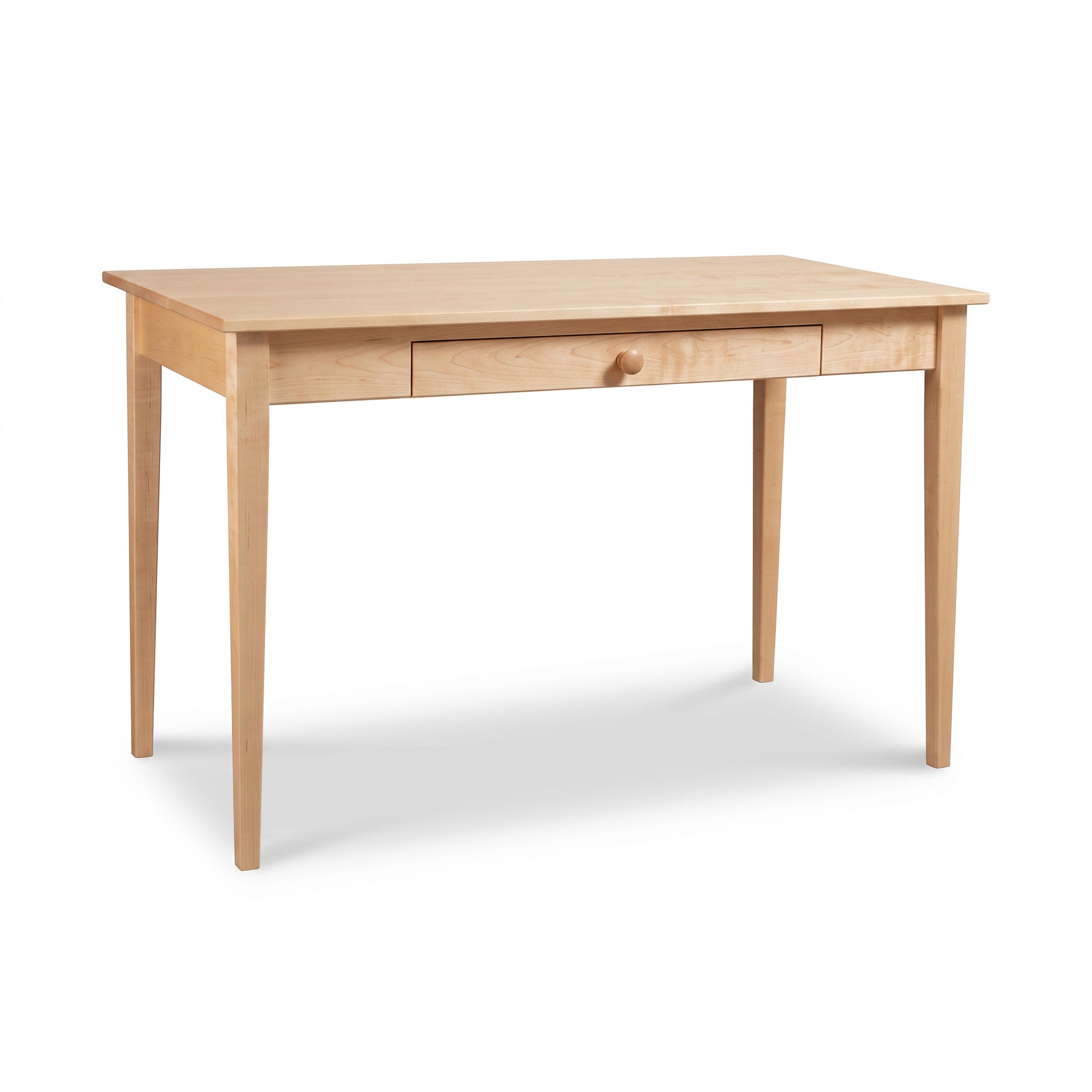 Vermont Shaker Writing Desk by Maple Corner Woodworks in light wood, with four straight legs and a center drawer, American-made craftsmanship.