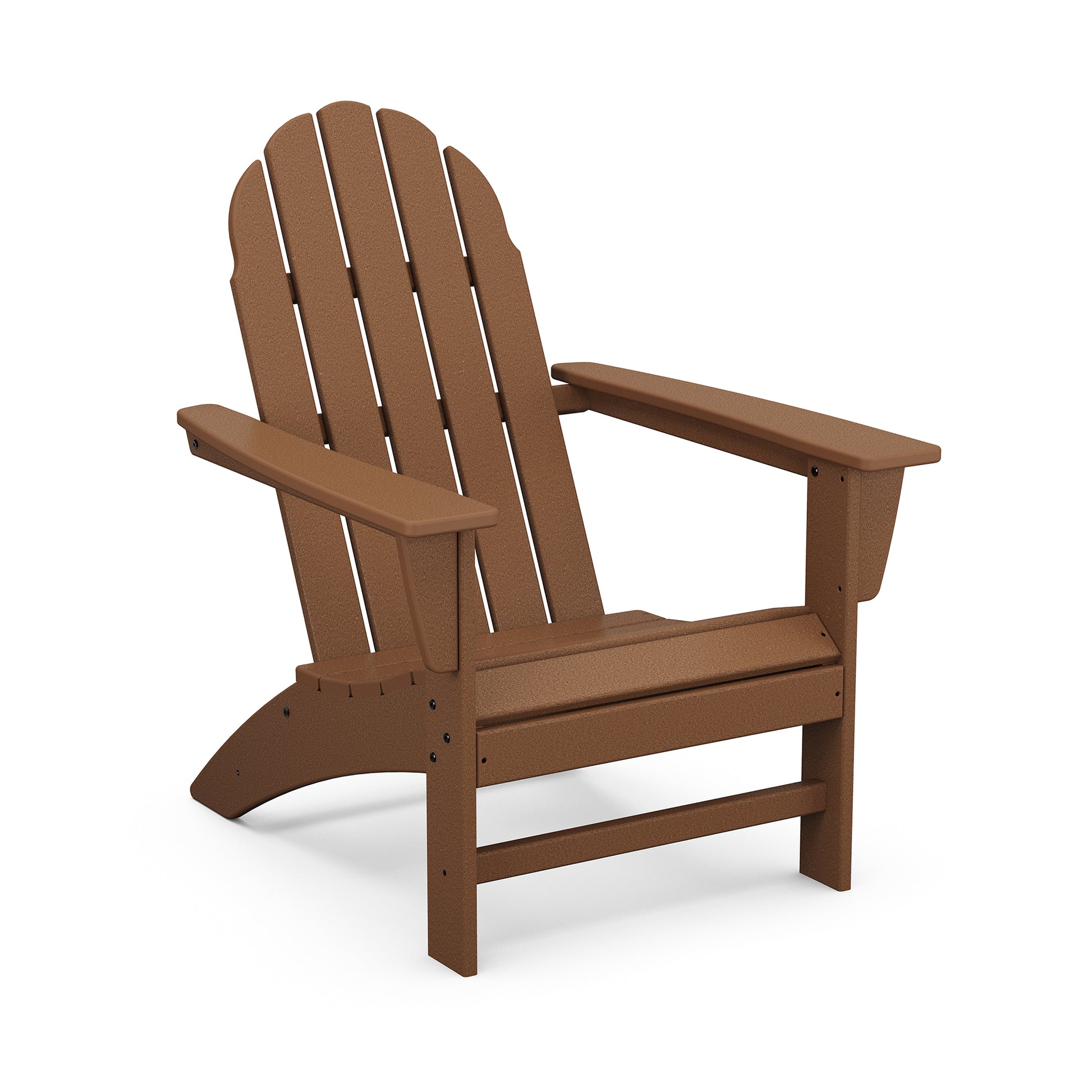 Brown POLYWOOD Vineyard Adirondack Chair with wide armrests and slatted back and seat made of genuine POLYWOOD lumber.