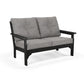 POLYWOOD Vineyard Deep Seating Settee with black frame and gray cushions, perfect for luxurious outdoor relaxation.
