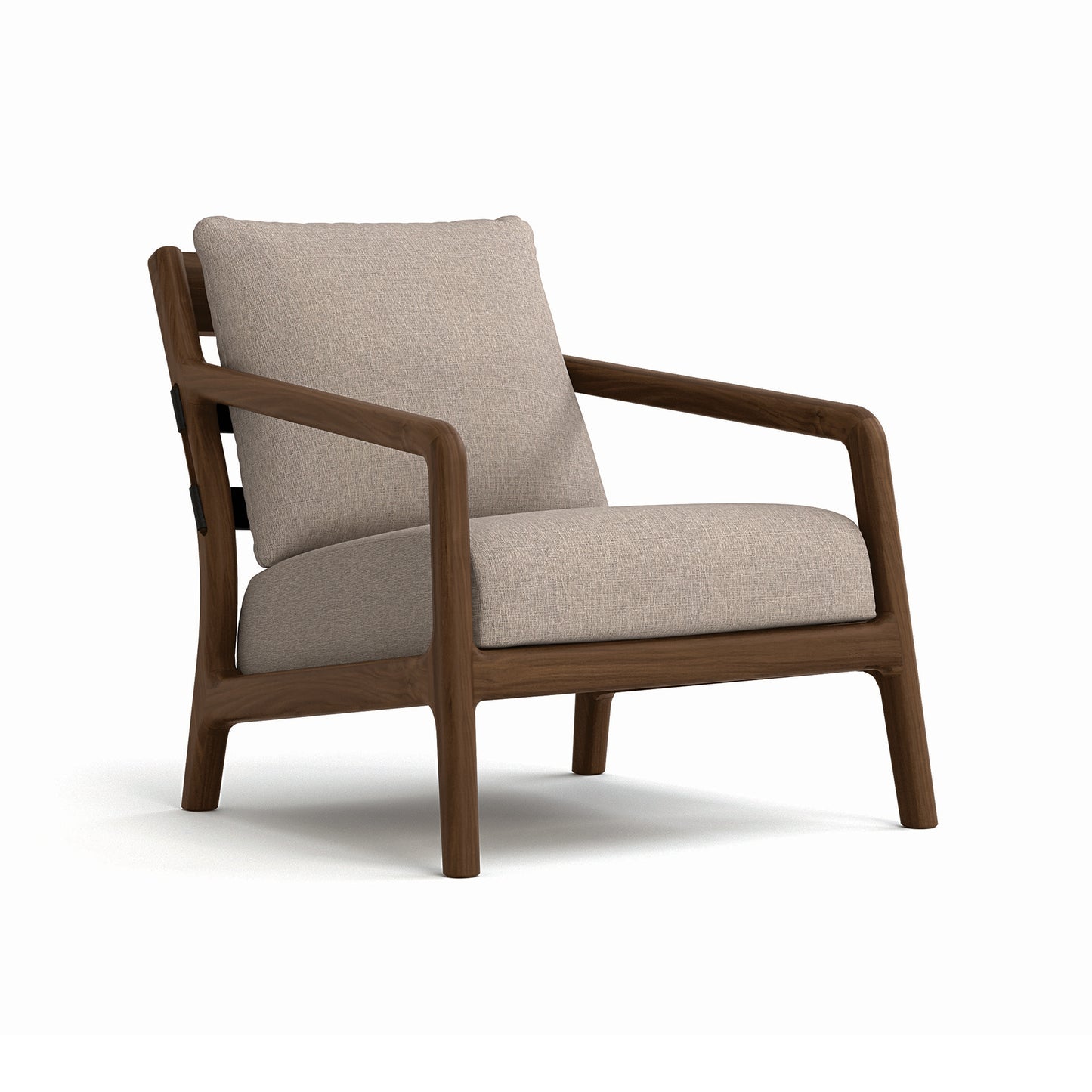 Whitney Lounge Chair by Copeland Furniture crafted from solid American hardwood with light beige cushions, highlighting its modern design.