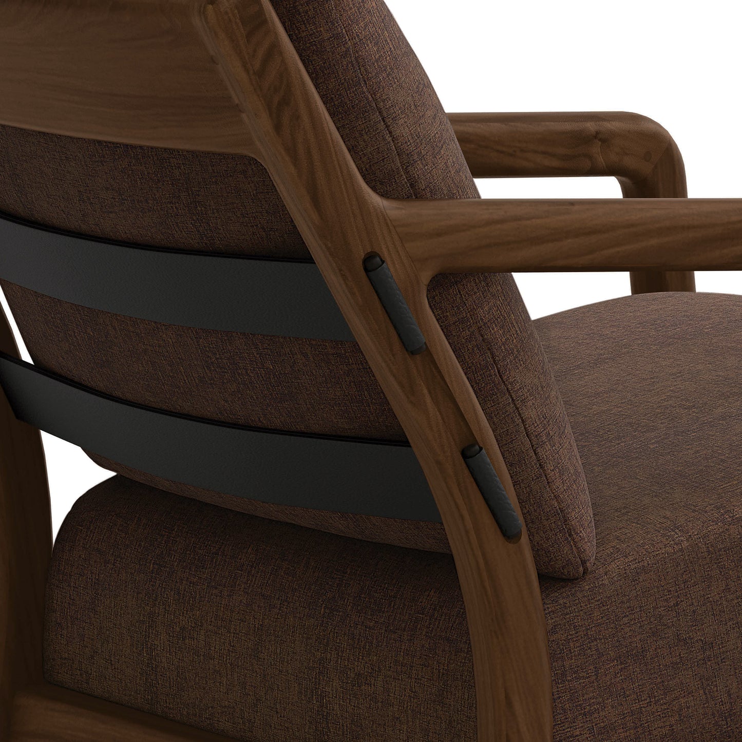 Copeland Furniture Whitney Lounge Chair with rich dark brown cushions and sleek black support bars, crafted in America for superior quality.