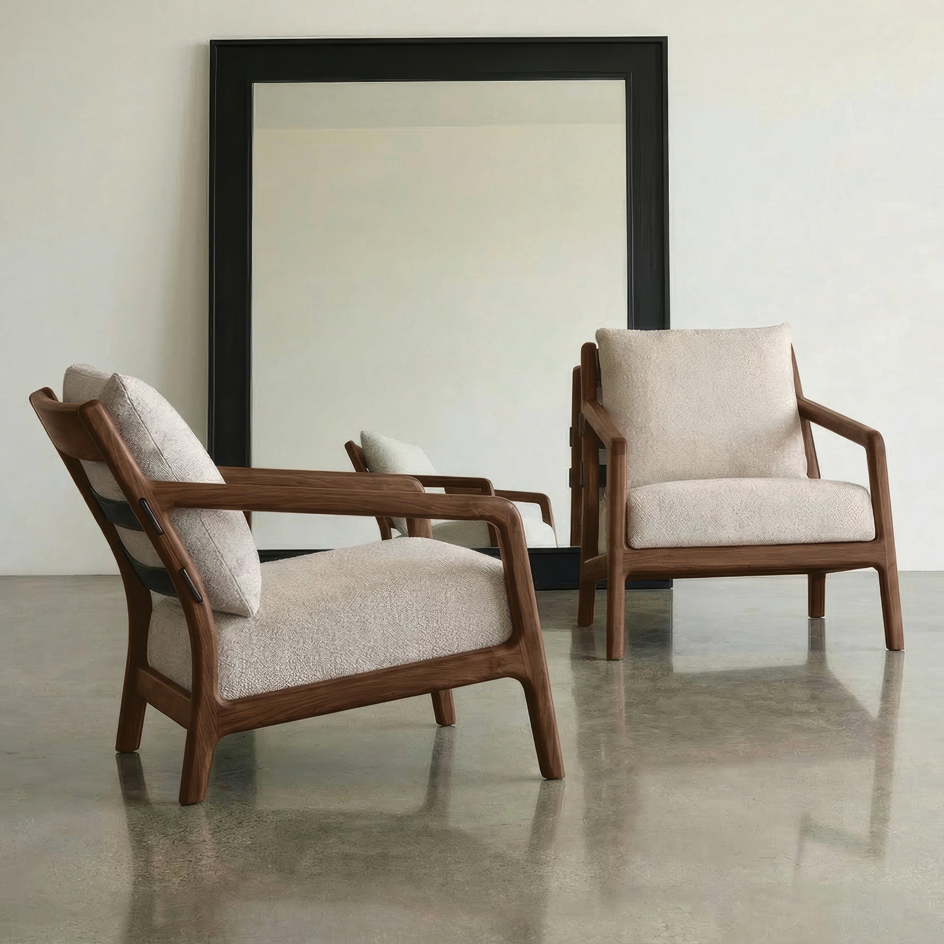 Whitney Lounge Chairs by Copeland Furniture with beige cushions, showcasing American-made craftsmanship and modern design.