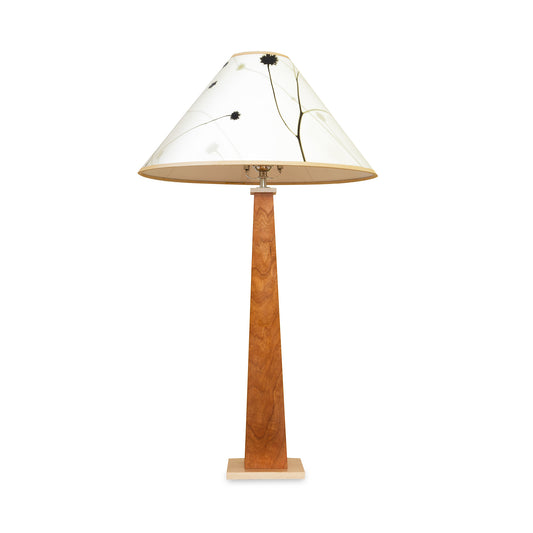 Winter Hill Table Lamp by Rock River Studio with a maple accent and floral conical shade, highlighting the lamp’s craftsmanship and design.