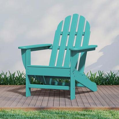 A teal adirondack chair on a wooden deck.