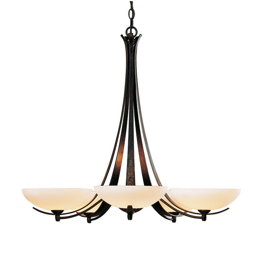 Aegis Chandelier by Hubbardton Forge with five opaque white glass bowls and discontinued mahogany finish, high-quality American craftsmanship.