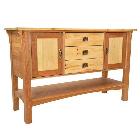 A wooden sideboard with drawers.