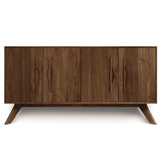 A modern sideboard with wooden doors and legs.