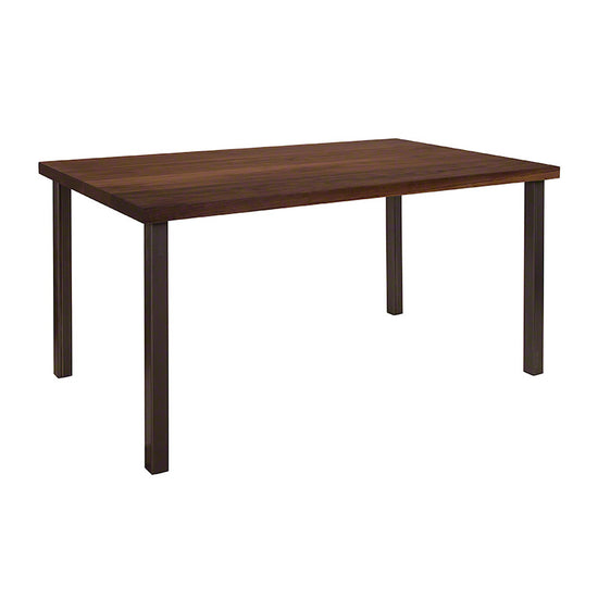 A wooden table with black legs and a wooden top.