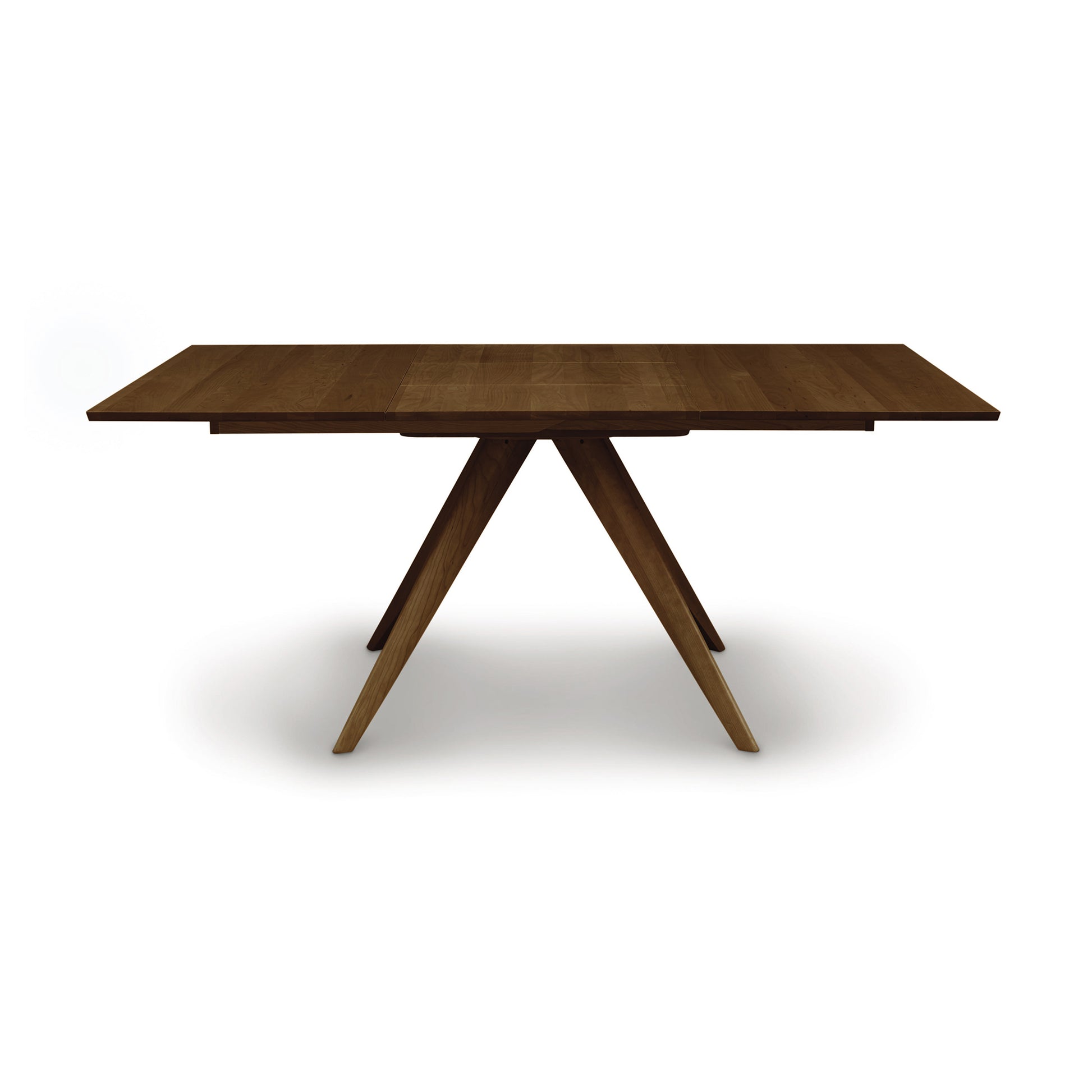 A rectangular dining table with three legs and a wooden top.