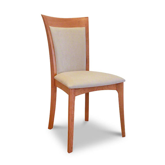 Morgan Shaker Chair by Copeland Furniture in cherry wood, showcasing a tall back, curved legs, and light beige upholstered seat.